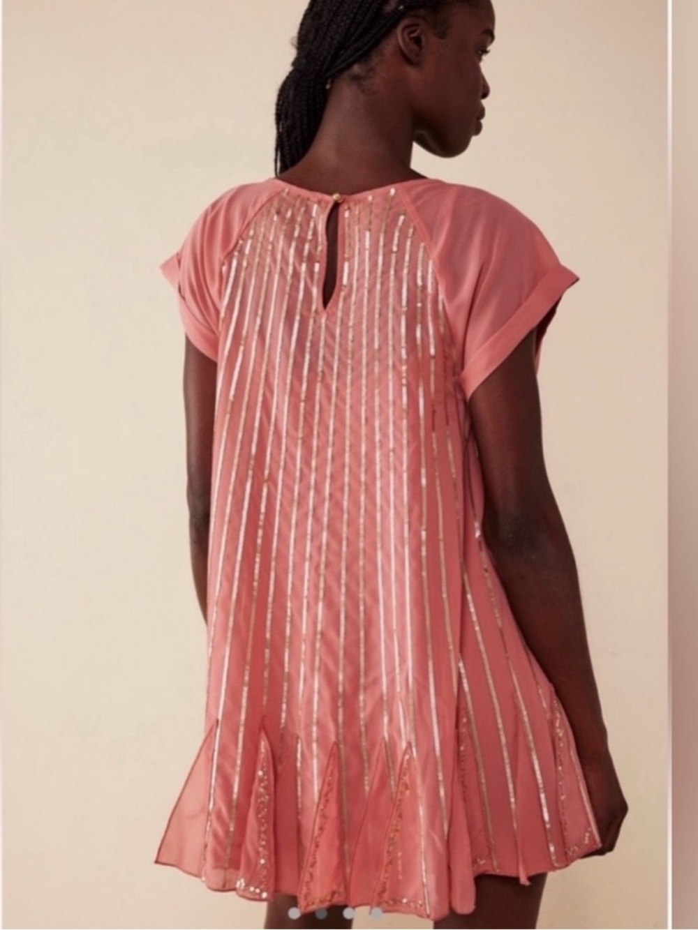 Free People Mint Julep Sequin Coral Flowy Mini Dress Large Chiffon Flapper Boho - Picture 3 of 14